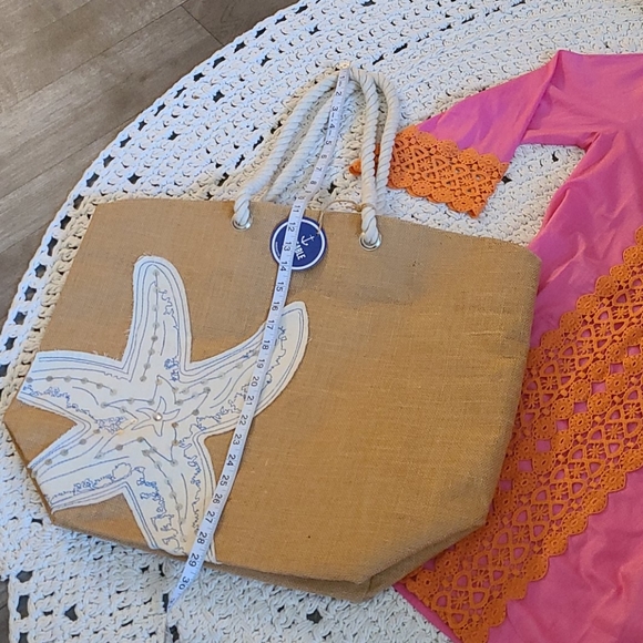 SALE NWOT LG BLUE WHITE STARFISH BEACH BURLAP BAG - Picture 2 of 16